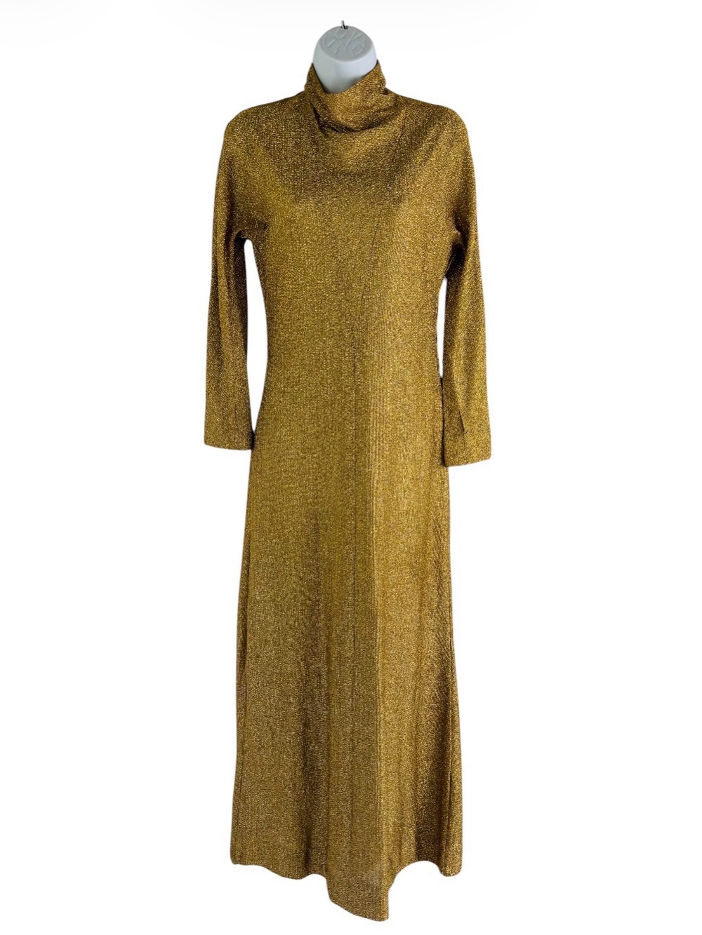 1970s Disco Gold Long Sleeve Metallic Maxi Dress - Women's Sz Small